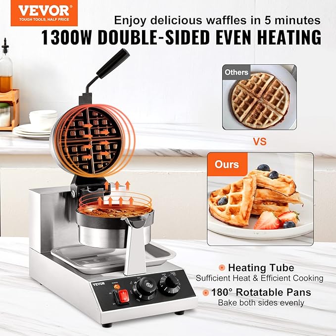 VEVOR Commercial Waffle Maker, 1 Piece per Batch, 1300W Round Waffle Iron, Non-Stick Waffle Baker Machine with 122-572℉ / 50-300℃ Temp Range Teflon-Coated Baking Pans Stainless Steel Body, 120V