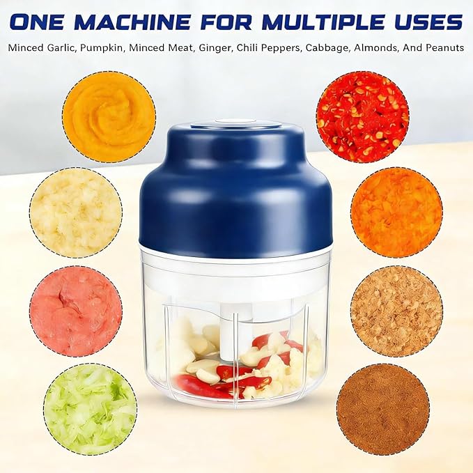 Electric Garlic Chopper Mini, Upgraded Rechargeable Veggie Chopper With Storage and Cover, One-Touch Food Processor with 4 Stainless Steel Blades for Onion Meat Chili Ginger (Blue, 250ml)