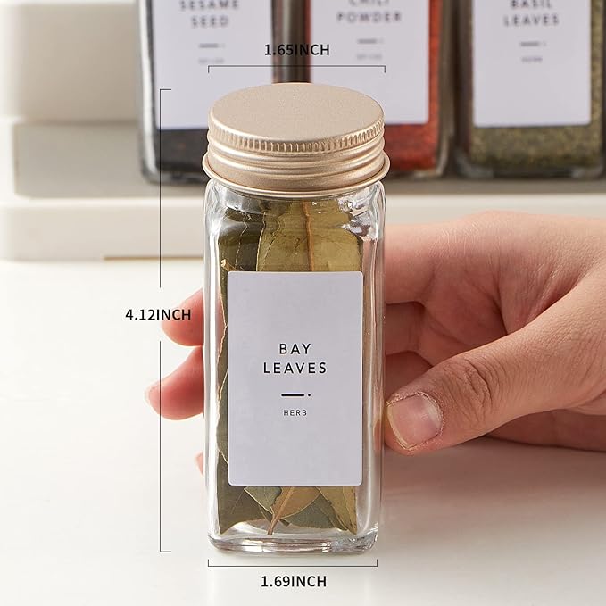 25 Pcs Spice Jars with Label- Glass Spice Jars with Gold Metal Caps,Shaker Lids, Funnel, Chalk Pen, Skiileor 4oz Seasoning Containers Bottles for Spice Rack, Cabinet, Drawer