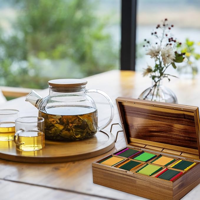 Acacia Wood Tea Bag Organizer Tea Storage Box Organizer Teabag Holder Container Tea Caddy for Tea Bags Chest 8 Compartments Divided Storage Container for Countertop Kitchen Cabinet Pantry