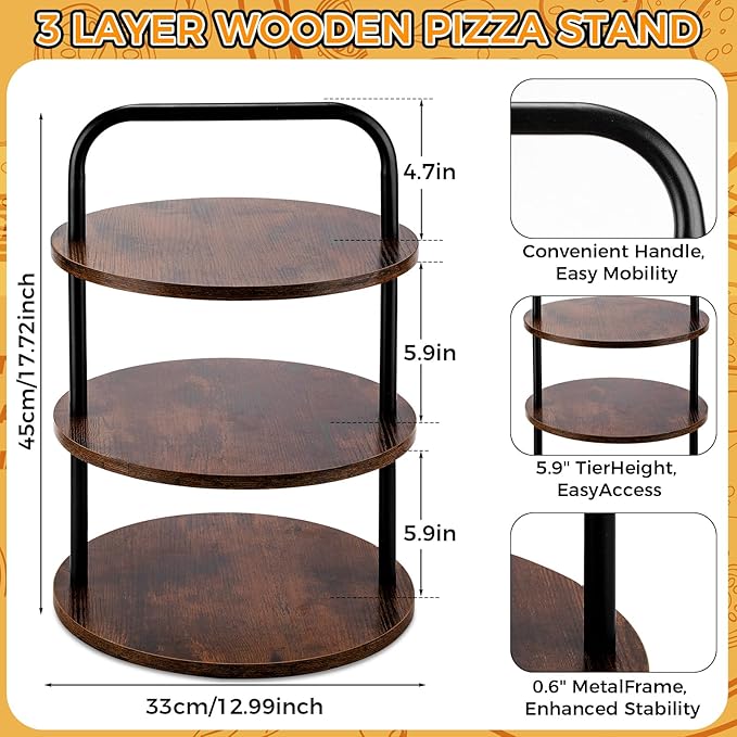 4 Pcs Wooden Pizza Stands Tiered Serving Tray Stand with 3 Pizza Servers for Pie Cupcake Dessert Cheese Party Restaurant