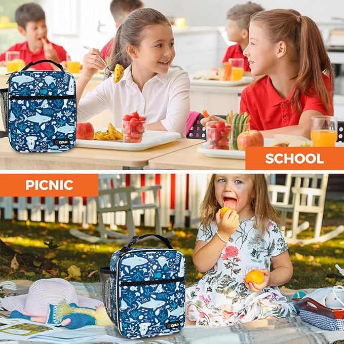 opux Premium Insulated Lunch Box, Soft School Lunch Bag for Kids Boys Girls, Leakproof Small Lunch Pail Men Women Work, Reusable Compact Cooler Tote Lunchbox for Office, Blue Shark