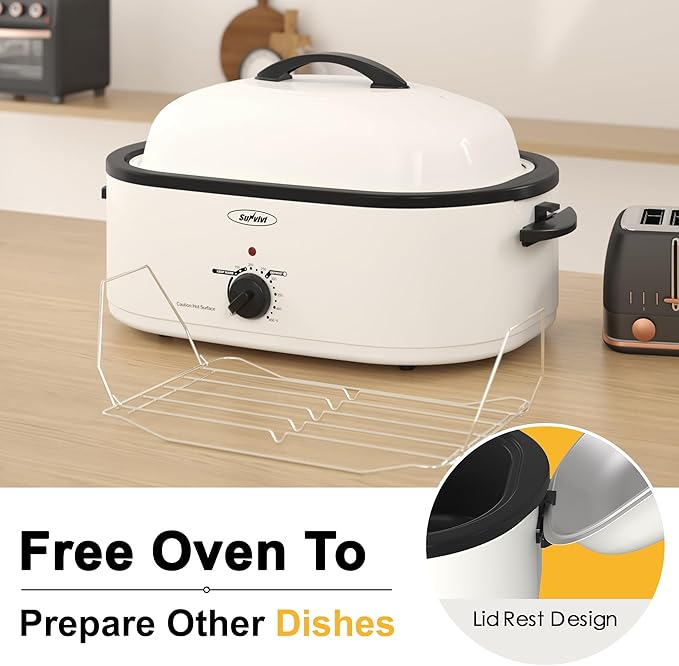 Sunvivi Roaster Oven, Electric Roaster Oven with Self-Basting Lid, 24lb 20-Quart Turkey Roaster with Unique Defrost/Warm Function, Large Roaster with Removable Pan & Rack, Stainless Steel, White