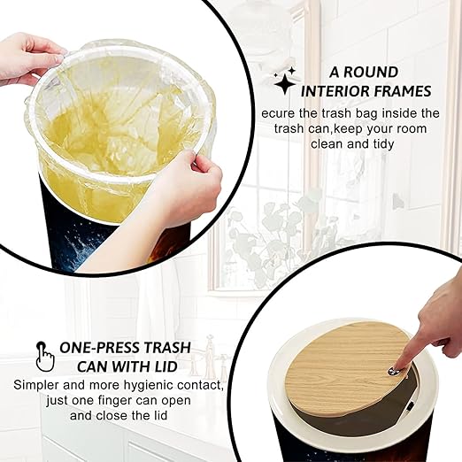 Trash Can with Lid Basketball Press Top Round Small Garbage Bin with Wooden Legs Waste Basket for Kitchen Bedroom Nursery 7L/1.8 Gallon
