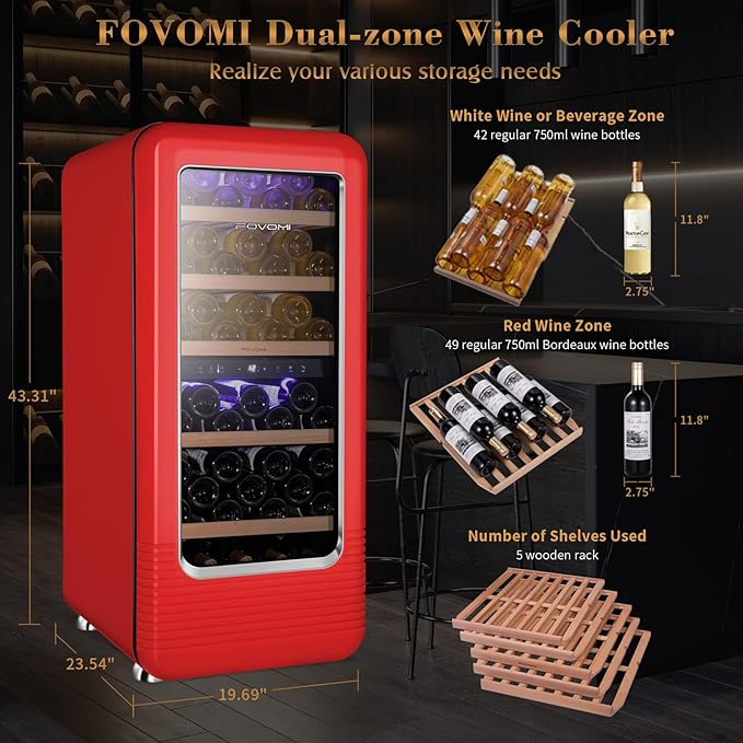 Wine Fridge,91-bottle Wine Cooler Refrigerators Dual Zone Large Wine Beverage Freestanding Cellar,Holds 91bottles (Red)