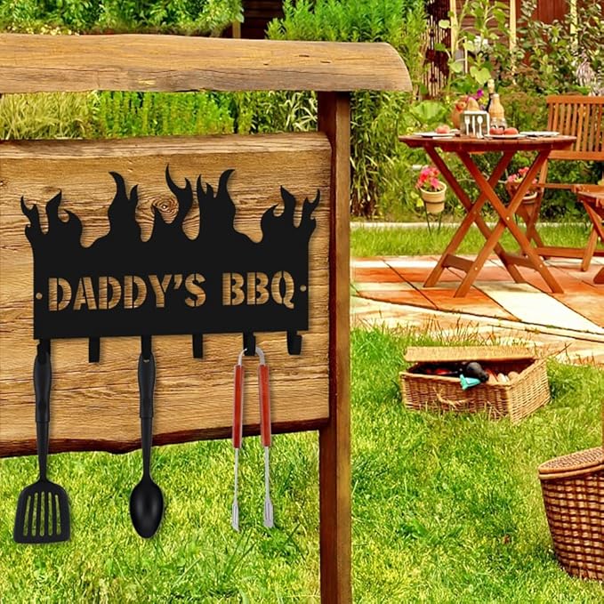 Personalized BBQ Cooking Utensils Wall Hooks Rack for Dad Custom Grilling Tool Organizer Barbecue Tool Metal Storage Holders Grill Cutlery Hanger Father's Day Utensils Hanging Hooks (Style 1)