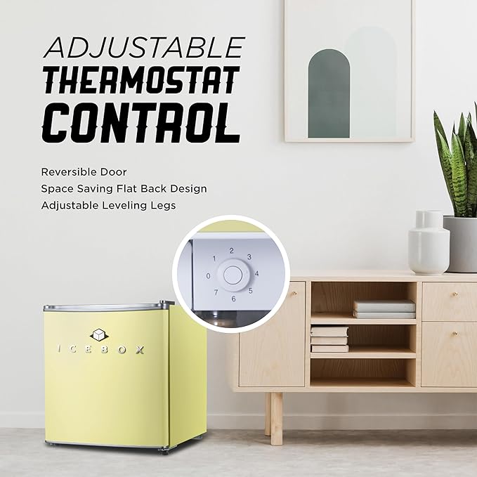 ICEBOX 1.7 Cu. Ft. Compact Refrigerator, ENERGY STAR Certified Small Refrigerator, Single Door Mini Fridge with Chiller Compartment, R600a Refrigerant, IBCR17SUN, Sun Yellow
