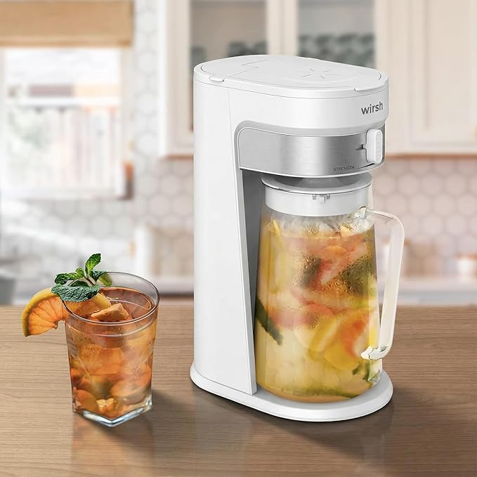 wirsh Iced Tea Maker with 3QT Pitcher, Iced Coffee Maker with Strength Control and Reusable Filter, Perfect For Iced Coffee, Latte, Tea, Lemonade, Flavored Water,White