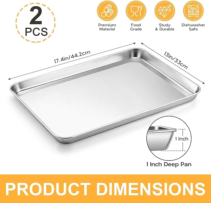 Onader Large Baking Sheet, 18 x 13 Inch Stainless Steel Half Sheet Baking Pans for Oven, Commercial Metal Cookie Pan Tray for Roasting Cooking, Mirror Finish & Dishwasher Safe, 2-Pack