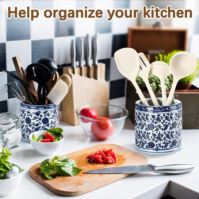 2 Pcs Blue and White Kitchen Utensil Holder 5"+6.1" Ceramic Kitchen Cooking Holder for Countertop Large Utensil Crock for Home Decor Parties Chinoiserie Blue
