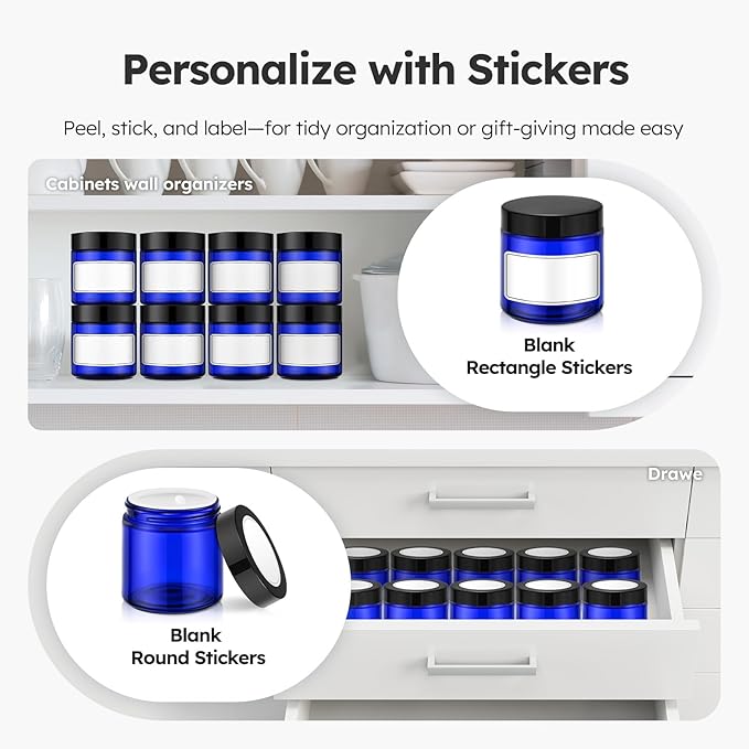 4 oz Glass Jars with Lids, 24 Pack Blue Small Glass Jars with Black Lids Leakproof Round Airtight Empty Cosmetic Travel Containers with Inner Liners For Lotions Powders and Candle Making