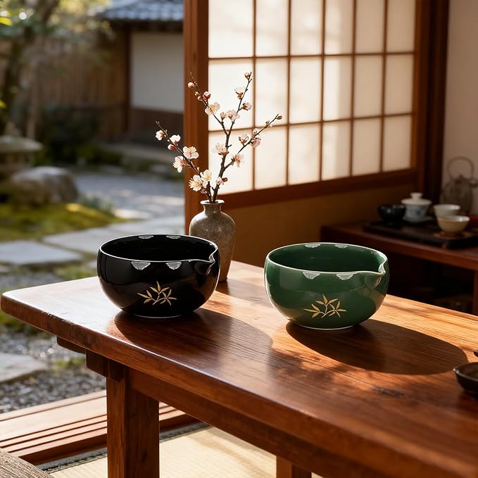 Matcha Whisk Set, Ceramic Bowl with Spout, Matcha Whisk & Holder, Bamboo Scoop & Spoon, Scoop Rest, Sifter, Towel, 8 Pcs Complete Kit for Tea Ceremony, Gift for Friend/Family(Black)