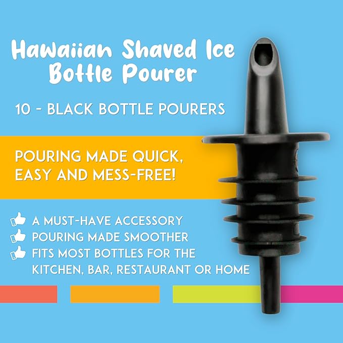 Hawaiian Shaved Ice Syrup Precise Control Bottle Pourers, Professional Pour Spouts for Snow Cone & Drink Flavors (10-Pack)