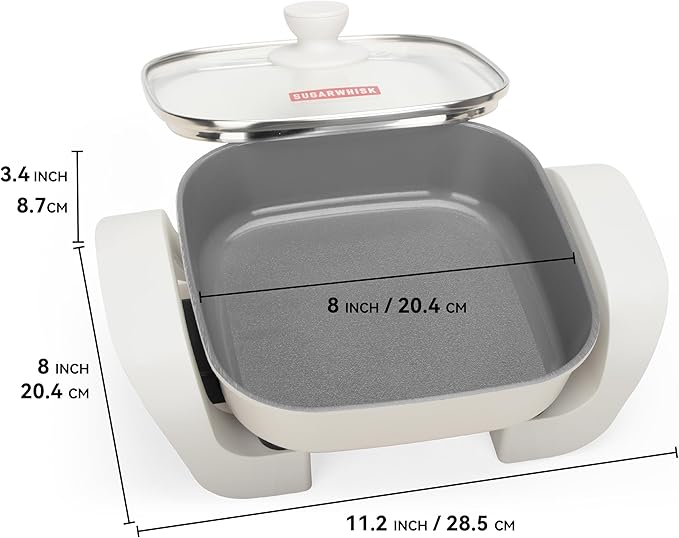 SugarWhisk 8-inch Ceramic Coated Electric Skillet with Lid, Non Stick Skillet Griddle Pan Electric, Rapid Heat Up, 650W, Breakfast Skillet, Kitchen Appliances for Cooking, White