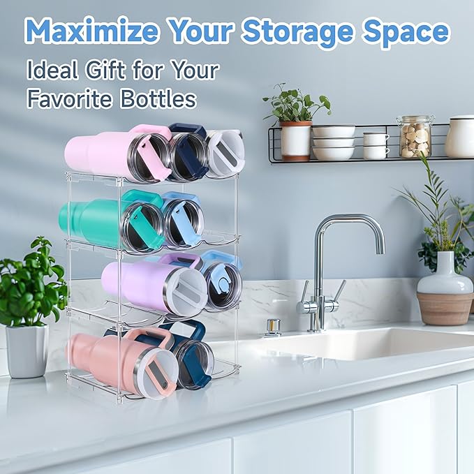 Stackable Water Bottle Organizer for Stanley 40 oz Tumbler, Water Bottle Holder for Cabinet, Pantry Kitchen Organizers and Storage for Stanley Cup Accessories, Tumbler Organizer and Wine Rack, 4Pack