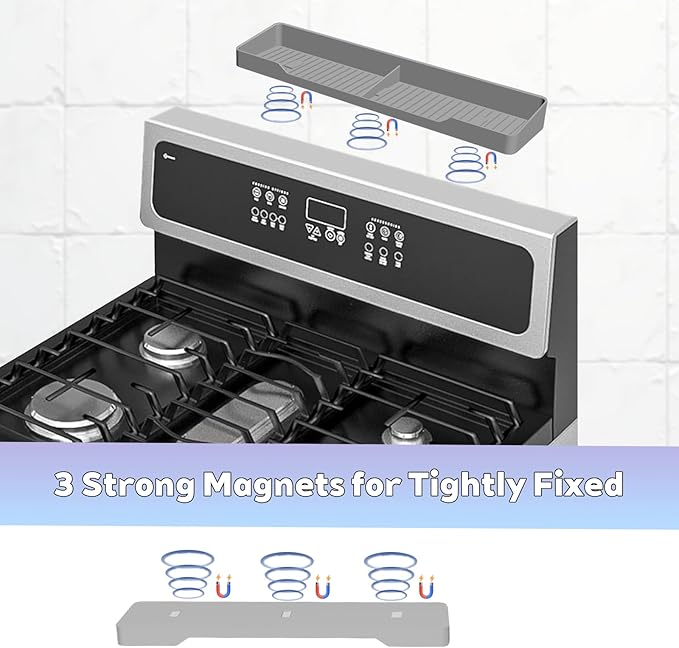 15 Inch Magnetic Silicone Stove Top Shelf,Heat Resistant Over The Stove Spice Rack for Kitchen,Space Saving Organizer Back of Stove,Includes 3 Additional Sticky Boards(Light Grey, 15''x3.8'')