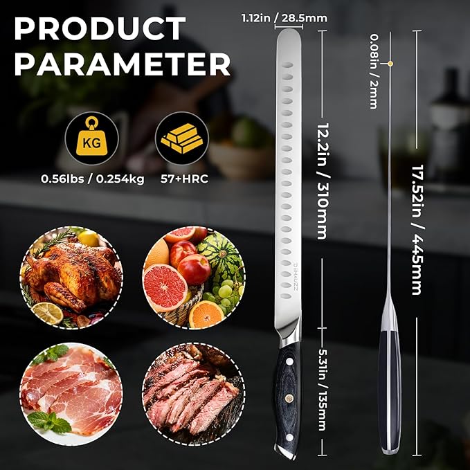 Brisket Knife, 12 Inch Carving Knife for Meat, Razor Sharp High Carbon Steel, Full Tang Ergonomic Pakkawood Handle Slicing Knives for Roast Beef, BBQ, Turkey, Grilling Gift for Men