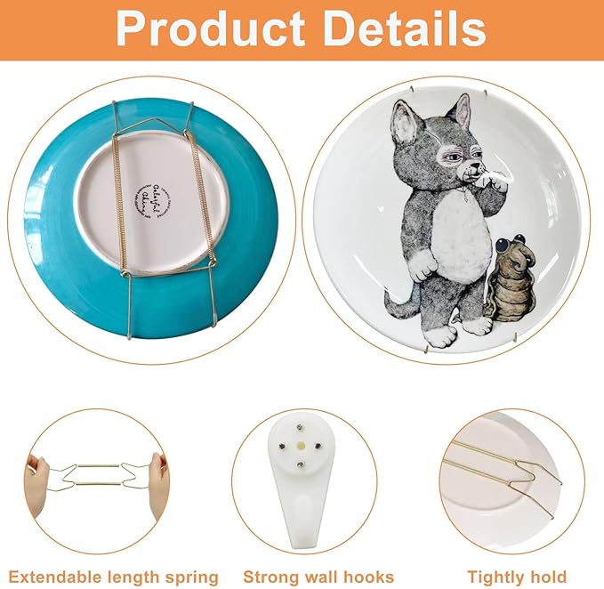 Plate Hangers for The Wall - Stainless Steel Invisible Heavy Duty Wire Plate Holder for 9-10 Inch Decorative Plates, Art Plates & Ceramic Plates with Wall Hooks