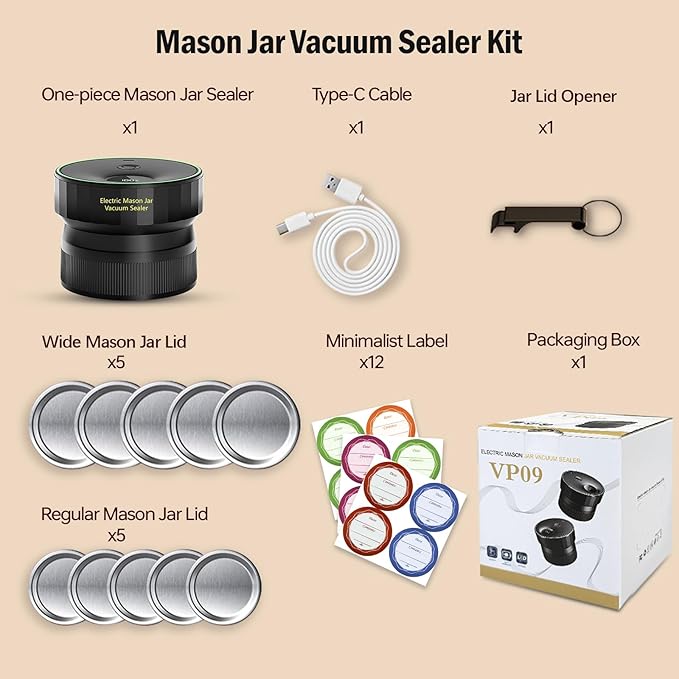 2026 Upgraded Mason Jar Vacuum Sealer, Electric Vacuum Sealer for Regular Mouth and Wide Mouth Canning Jars, Fully Automated and Portable