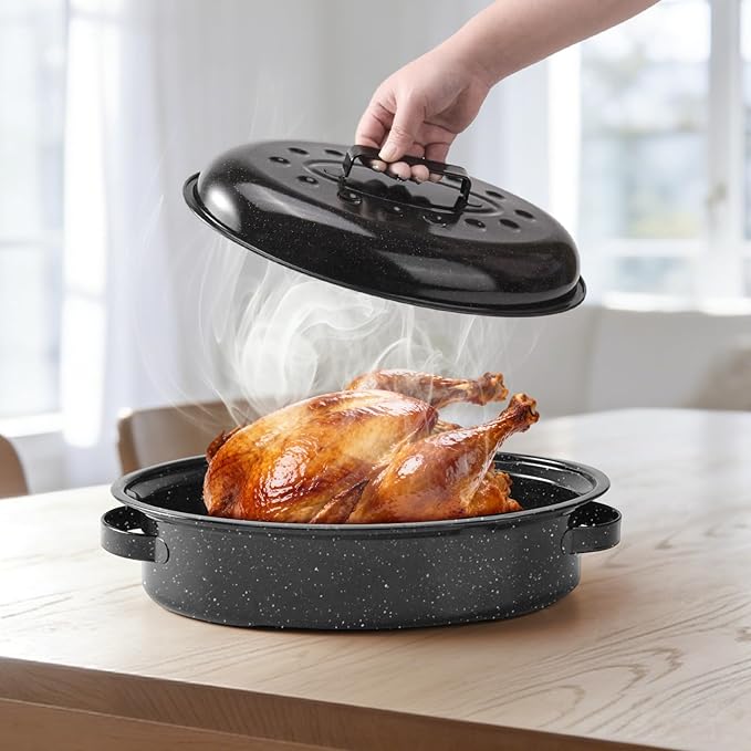 15.4" Roasting Pans for Ovens Porcelain Enameled Steel Oval Roaster Pan with Domed Lid for Turkey, Chicken, Vegetable, Lamb, Sourdough Bread
