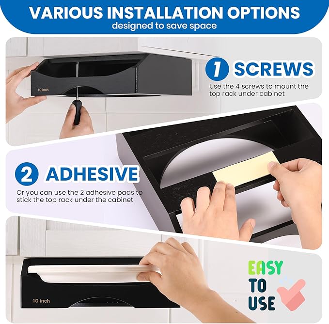 10-inch Paper Plate Dispenser Under Cabinet,Bamboo Paper Plate Holders,Kitchen Counter Vertical Plate Dispensers Holders Countertop Caddy (For 10-inch Plates,Black)
