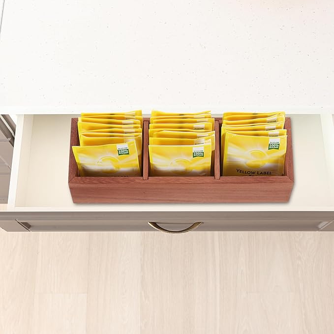 uxcell Tea Bag Organizer, 3 Compartments Wood Tea Box with Handle, Tea Storage Organizer Holder for Tea Bags, Beverage Supplies Sugar Packet, Wood Color