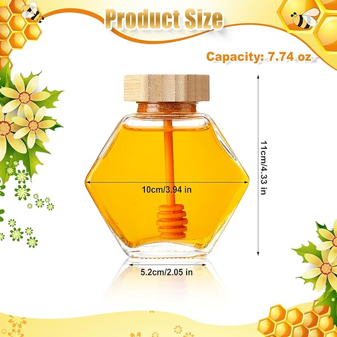 Sunnyray 8 Pcs Glass Honey Jars with Dipper Hexagonal Clear Glass Dispenser Small Honey Containers Bottle with Wooden Dipper and Cork Lid for Home Storage Kitchen (220 ml)