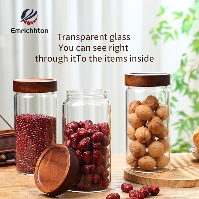 40.5 fl.oz -3 pack Glass Jars with screw Acacia Lids, Glass Food Storage Containers with Airtight Lids, Glass Container Jar Set for Coffee, Nut, Candy, Cereal, Sugar, Snacks, Blooming Tea,Spice