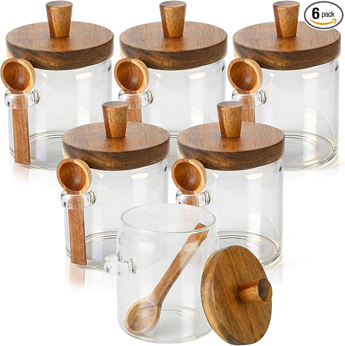 Remerry Set of 6 Glass Jar with Wooden Lid and Spoon, Clear Airtight Spice Canisters Glass Food Storage Kitchen Containers Set for Coffee Bean Tea Sugar (13.5 oz)