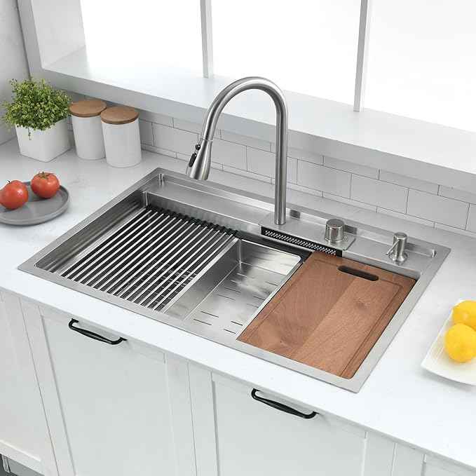 33 Inch Waterfall Drop In Kitchen Sink with Faucet Combo Workstation - VOKIM 33x22-Inch Drop In Sink Stainless Steel 16 Gauge Single Bowl Kitchen Sinks with Cutting Board