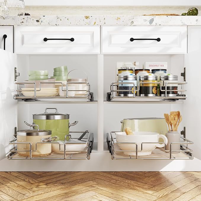 LOVMOR Pull Out Cabinet Organizer 14"W x 21"D, Kitchen Cabinet Pull Out Shelves Slide Out Storage