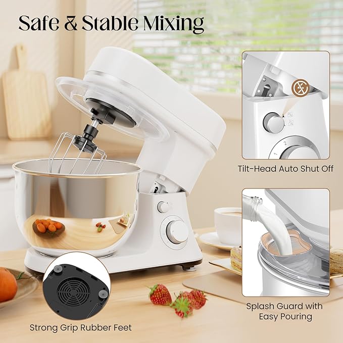800W Stand Mixer with 5.3QT Bowl, 6-Speed with Pulse Electric Kitchen Mixer, Food Mixer with Dough Hook, Whisk, Beater Tilt-Head & Non-Slip Base for Cookie, Cake, Bread & Baking-White