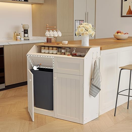 YATINEY Double Trash Cabinet, 20 Gallon Freestanding Trash Can Cabinet, Wooden Recycling with Flip Door, Hidden Kitchen Garbage Can, Laundry, for Kitchen, Living Room, White WB12WT