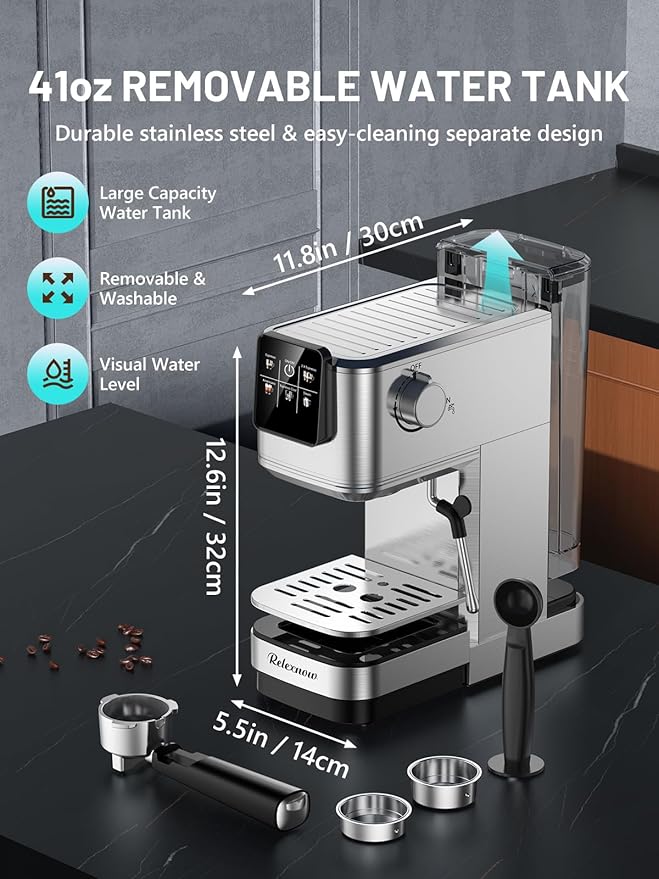 RELEXNOW Espresso Machine, 20 Bar Espresso Maker Milk Frother & LCD Panel, Hot & Iced Coffee Machine, Stainless Steel Espresso Coffee Machine with 41oz Water Tank for Cappuccino, Latte
