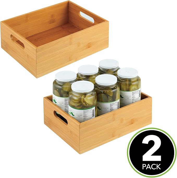 mDesign Kitchen Storage Box - Large Wooden Box with Handles - Bamboo Kitchen Utensil Storage Box - 12" x 9" x 4" - Set of 2 - Nature
