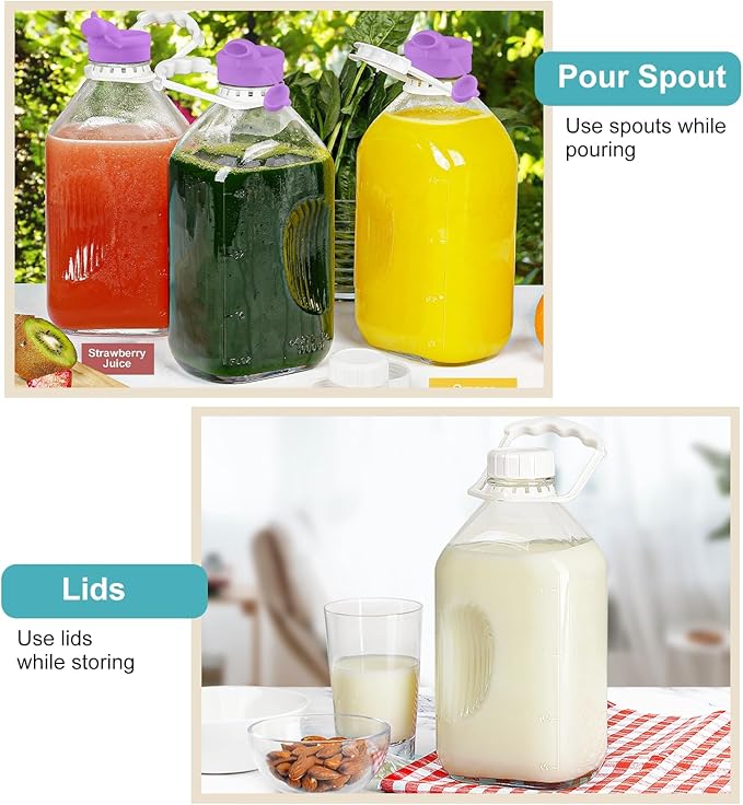 Ritayedet 64 Oz Heavy Duty Glass Milk Bottle with Reusable Airtight Strong SCREW LID - 1/2 Gallon Water Bottles with Scale Lines - 2 Qt Glass Milk Jug Pitcher - Extra Gaskets & Handle!