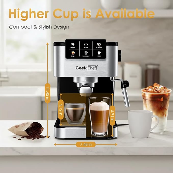 Geek Chef Espresso Machine with Milk Frother, 20 Bar Automatic Espresso Maker, Fast Heating Coffee Maker for Cappuccino, Latte & Iced Coffee, Easy to Use & Clean, for Home Barista