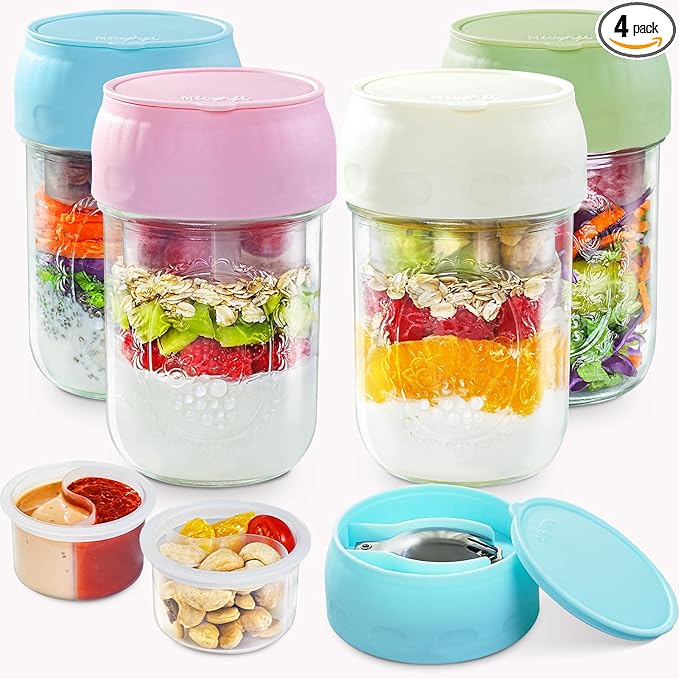 Miuyhji 4 Pack Overnight Oats Containers with Lids, Chia Seed Pudding Jars with Folding Spoons & Divided Compartments for Fruit & Nuts, 16oz Glass Mason Jars for Oatmeal Yogurt Meal Prep Parfait