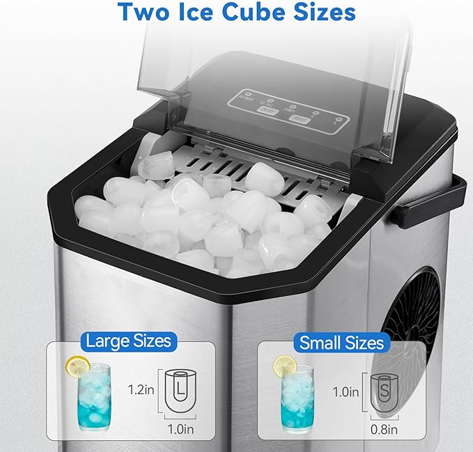 Garvee Countertop Ice Maker, 26 lbs in 24 Hrs, 9 Cubes Ready in 6 Mins with Ice Scoop and Basket, Portable Ice Cube Maker Self-Cleaning, 2 Sizes of Bullet Ice for Home Kitchen Office Bar Party