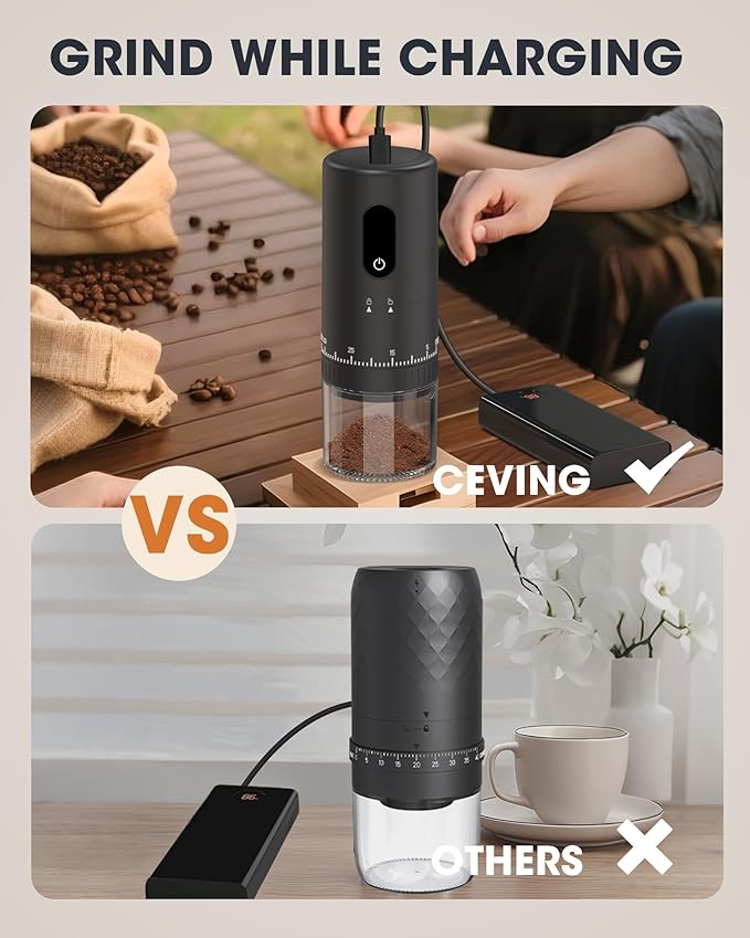 First Grind-While-Charging Rechargeable Coffee Grinder with Upgraded LED Battery Display, 1.7X Faster Grinding with 38 External Adjustable Settings & Ceramic Burrs, Portable for Travel, Camping, etc