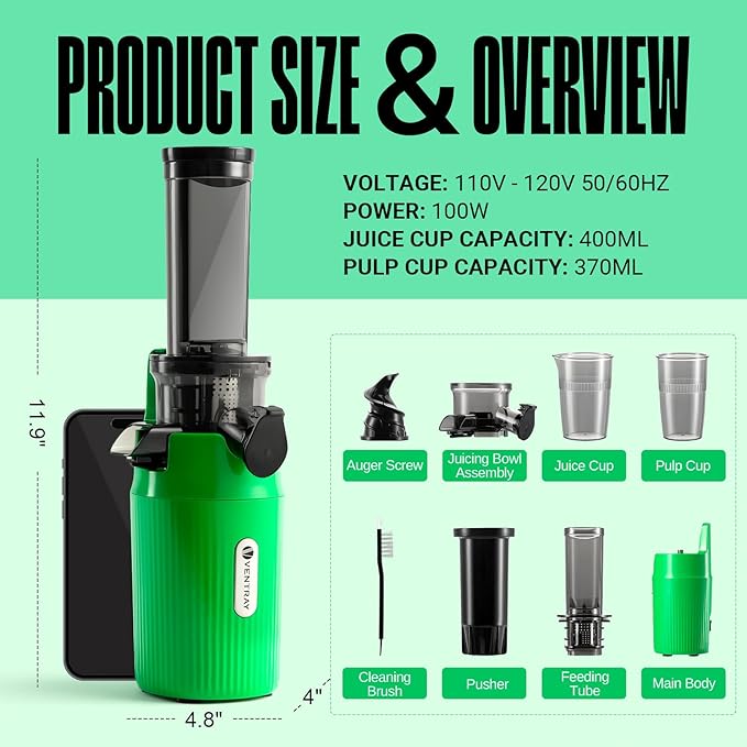 Ventray Ginnie Mini Cold Press Juicer, Small Slow Masticating Juicer for Vegetables Fruits, High Juice Yield, Easy to Clean, Space-Saving, Fit for Personal/Travel/Picnic/Office - Green