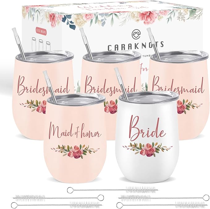CARAKNOTS Bridesmaid Proposal Gifts Bridesmaid Cups Set of 5 Wedding Tumbler for Bridal Shower Engagement Bachelorette Party Favor Maid Pink Stainless Steel Wine Tumbler with Lid and Straw 12 oz