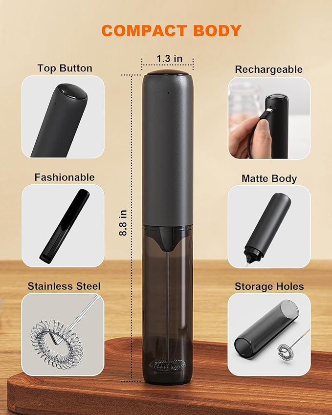 Rechargeable Milk Frother with Cover, Easy to Carry Drink Mixer Handheld, Electric Frother Wand for Coffee, Matcha, Latte, Cappuccino, Hot Chocolate, Kitchen Gifts, Black
