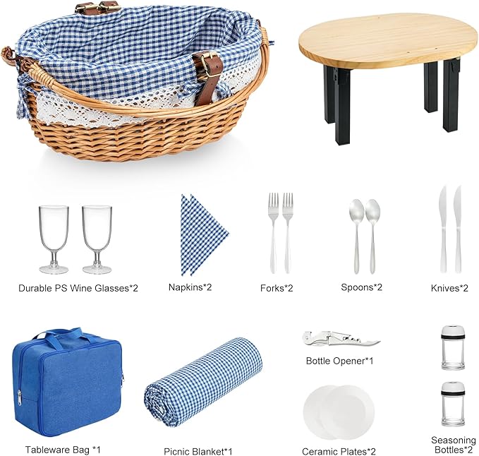 Wicker Picnic Basket Set for 2 with Detachable Table, Utensil Carry Bag,Waterproof Picnic Blanket,Removable Liner Picnic Essentials for Camping,Beach,Birthydas and Family/Couples Gifts