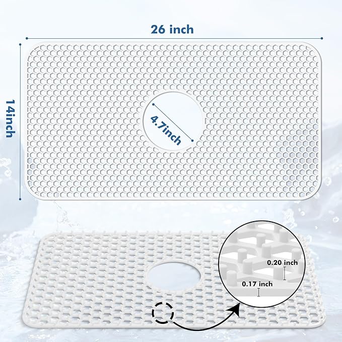 Bestjing Silicone Sink Protectors for Kitchen Sink - 26"x 14" Kitchen Protector Accessory, Non-Slip Heat Resistan Mat for Bottom of Farmhouse Stainless Steel Porcelain (Center Drain Hole,White)