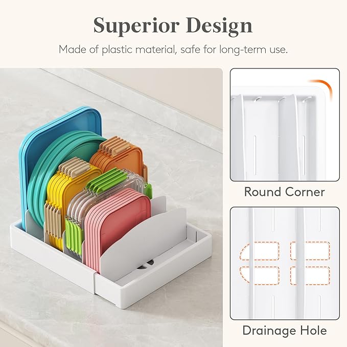 Lifewit Kitchen Cabinet Organizer for Food Contanier Lid, Expandable Lids Holder with 8 Adjustable Dividers & 9 Sections for Pantry Organizers and Storage, Home Drawer Organization, Large, 9.8"-17"