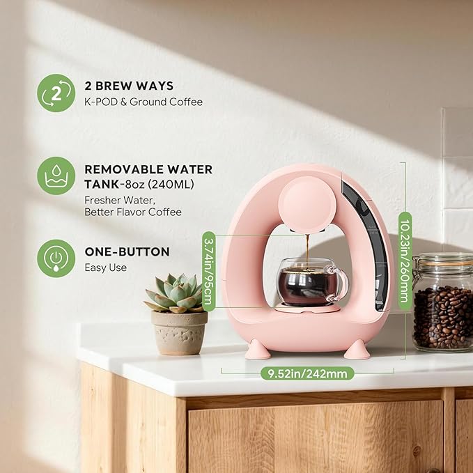 BENFUCHEN Pod and Grounds Single-Serve Coffee Maker, 2 in 1 One Cup Coffee Machine Compatible with K-Cup Pod & Coffee Grounds/Tea, Compact Design, 4-8oz, Pink