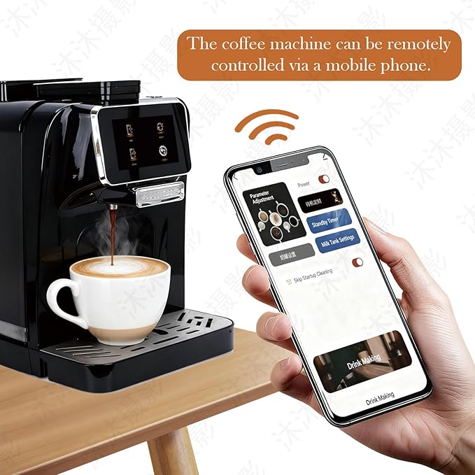 Fully Automatic Espresso Coffee Machine with Milk Cooler 4.3" Touchscreen Dual Heating 11 One Touch Beverages Adjustable Grinder & Milk Frother WiFi Smart Control