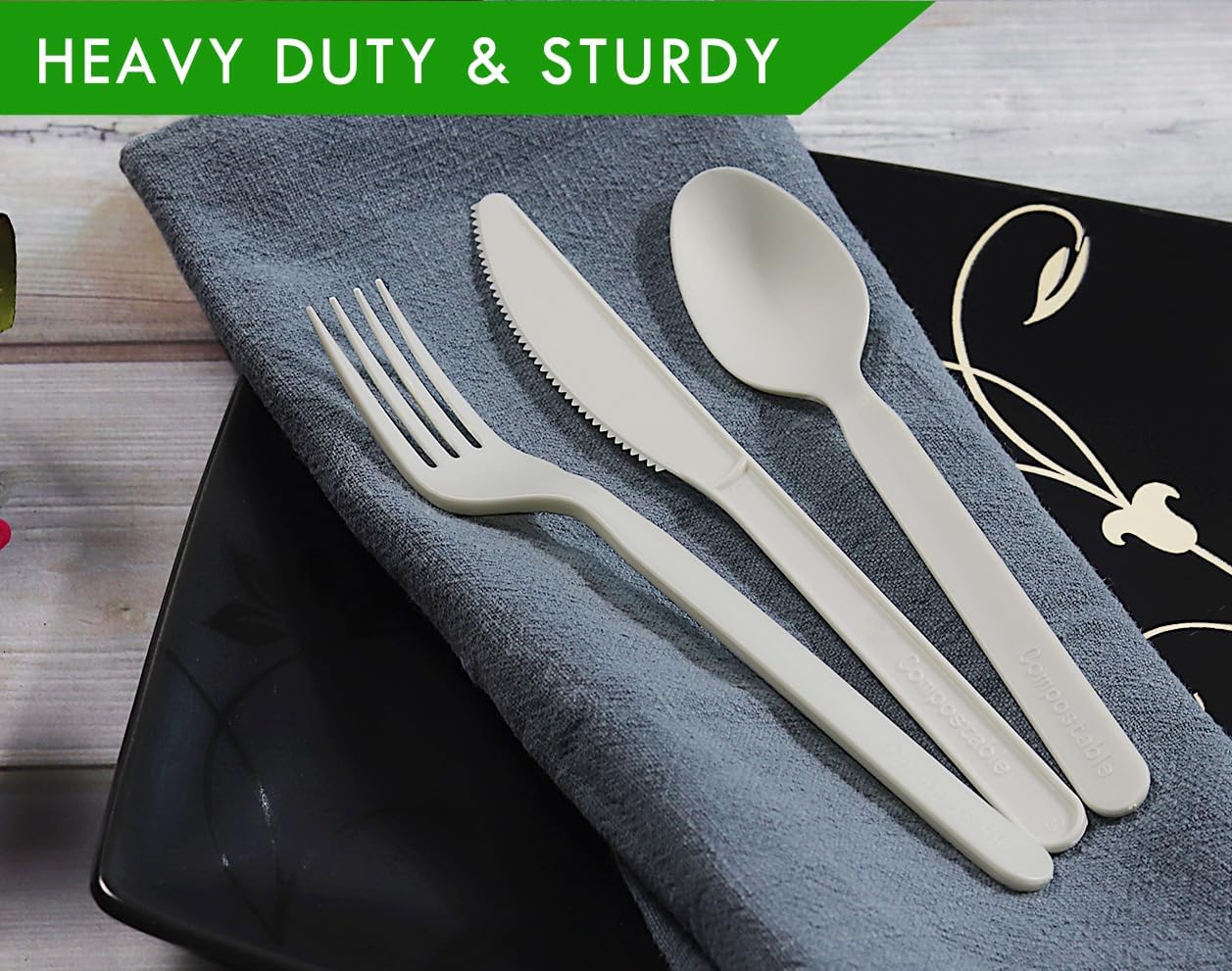 GreenWorks 300 Count 7" Heavy-duty Compostable Cutlery Set,100 Forks 100 Spoons 100 Knives,BPI Certified Large t Disposable Bio-based Cutlery