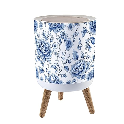 Trash Can with Lid Bloom Vintage floral seamless Spring flowers Blue white Chinoiserie Press Top Round Small Garbage Bin with Wooden Legs Waste Basket for Kitchen Bedroom Nursery 7L/1.8 Gallon